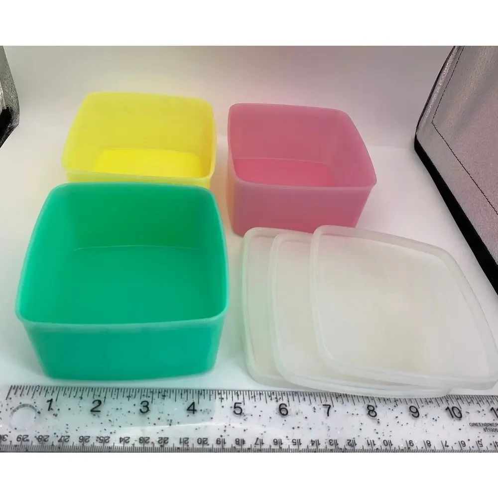 Vintage Tupperware Square Storage Containers #311 Set of 3 Pink Yellow Green